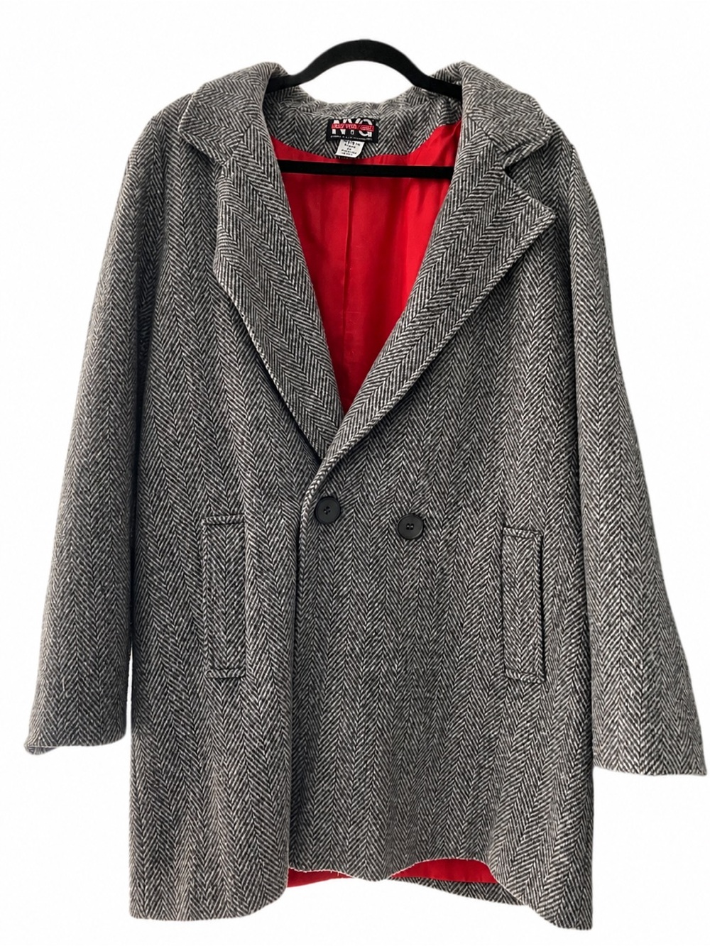 Herringbone Wool Blend Coat - Gray with Red Lining